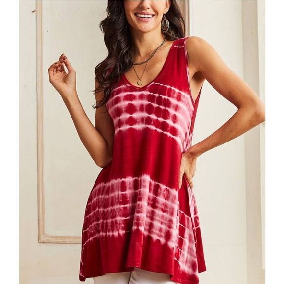 Red & White Tie-Dye V-Neck Tank - Picture 2 of 7